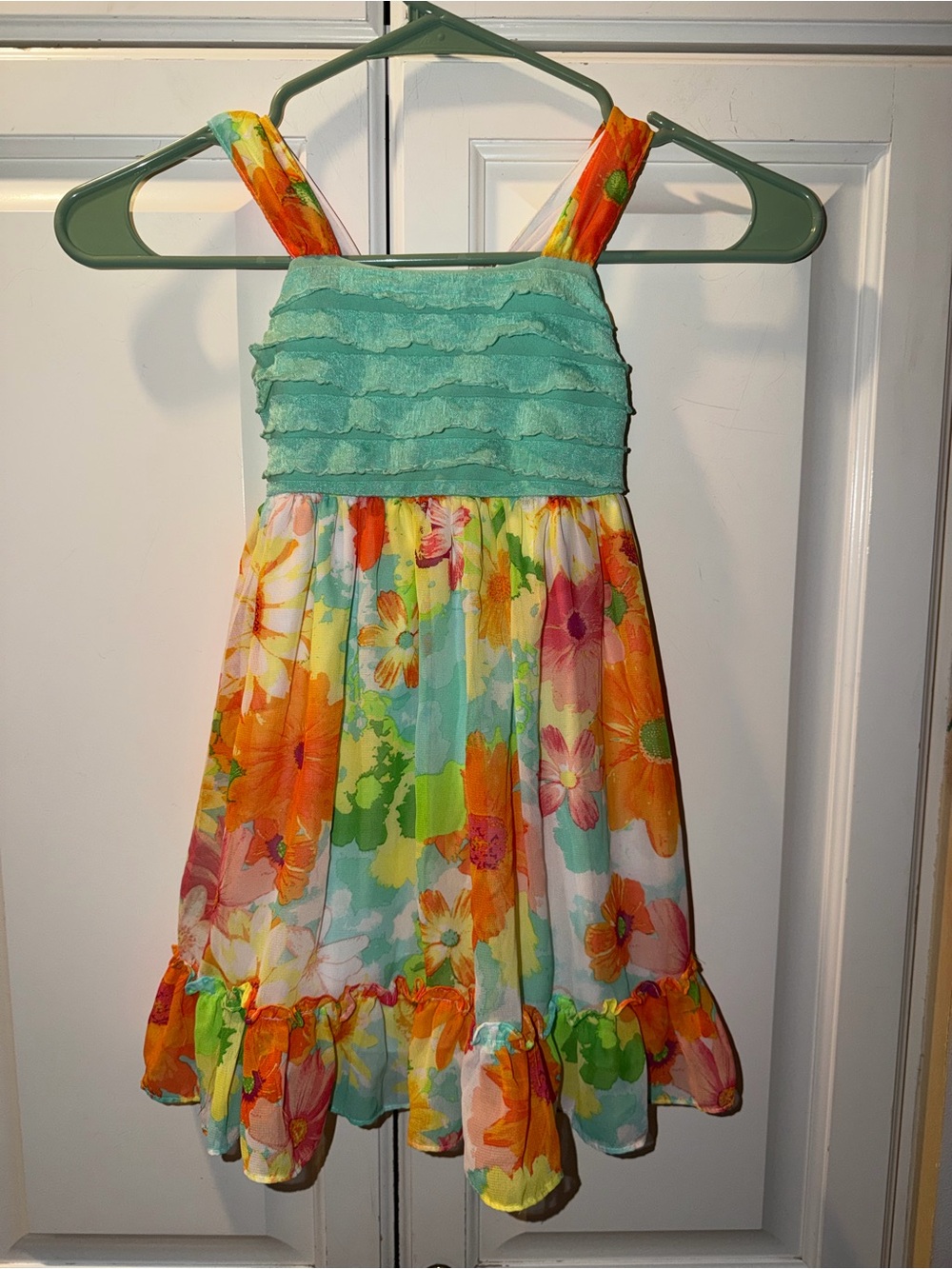 Youngland Aqua Ruffle Bodice Floral Sundress with Orange and Yellow Accents 4T